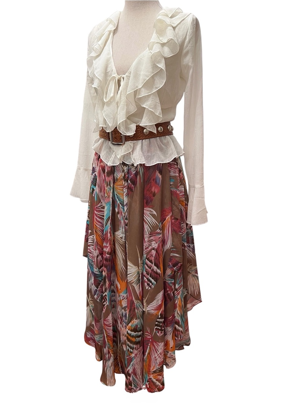 Tasha Polizzi Festival Midi Skirt Earthy Brown Feather Print Asymmetrical Hem M